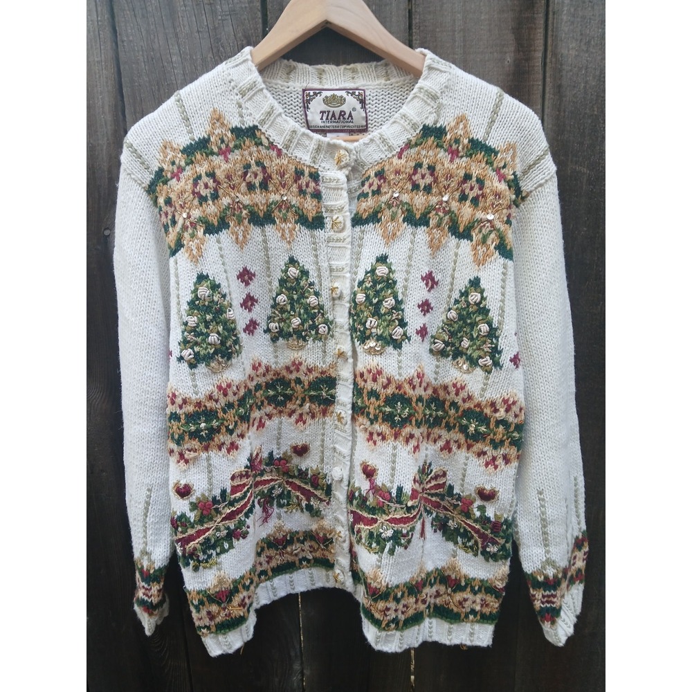 Tiara International Vintage 1999 Beaded Christmas Tree Cardigan Cotton Grandma L